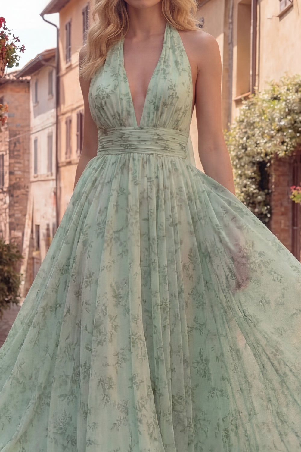 Halter Dusty Sage A Line Maxi Prom Dress