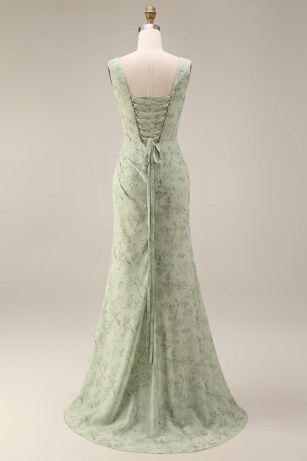 Corset Mermaid Ruched Dusty Sage Maxi Prom Dress with Pearls