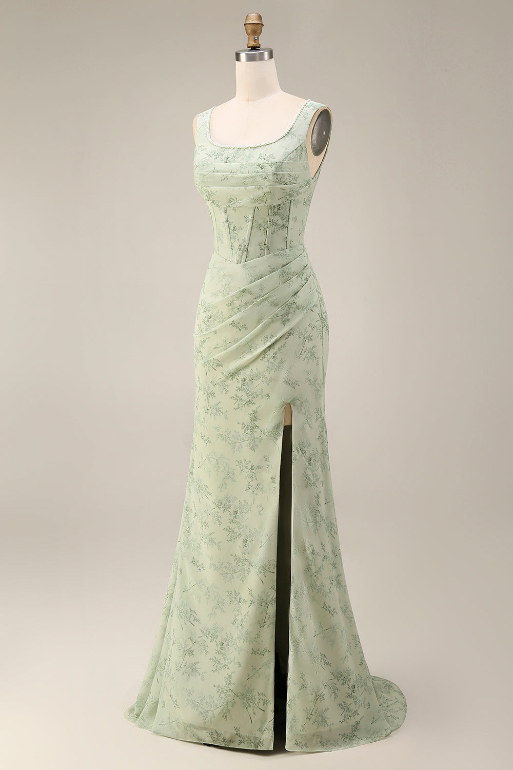 Corset Mermaid Ruched Dusty Sage Maxi Prom Dress with Pearls