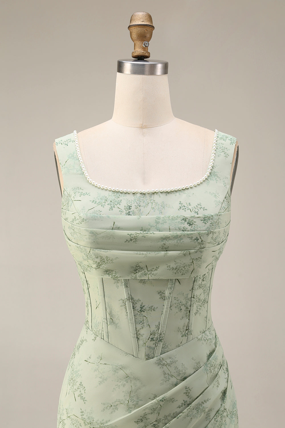 Corset Mermaid Ruched Dusty Sage Maxi Prom Dress with Pearls