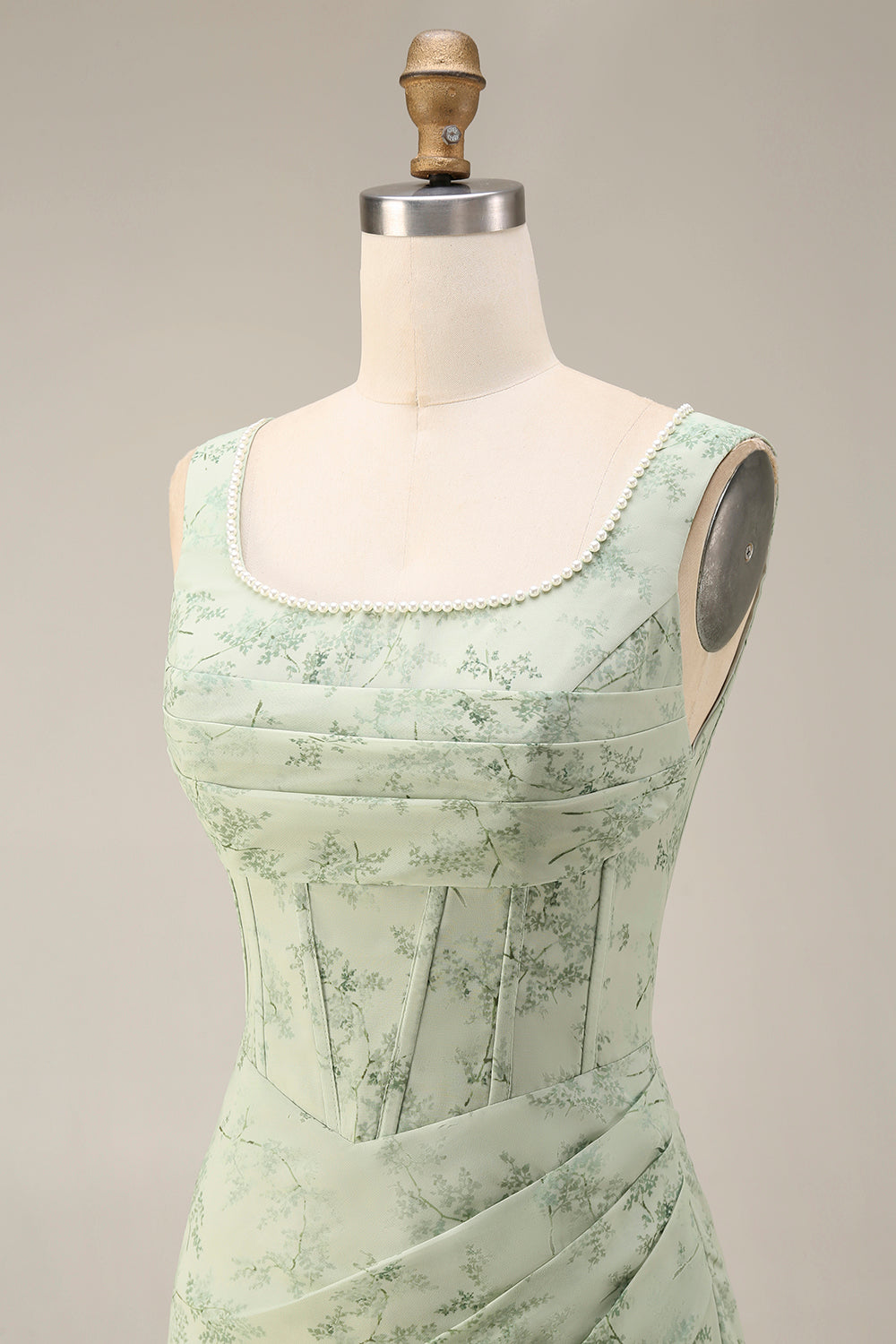 Corset Mermaid Ruched Dusty Sage Maxi Prom Dress with Pearls