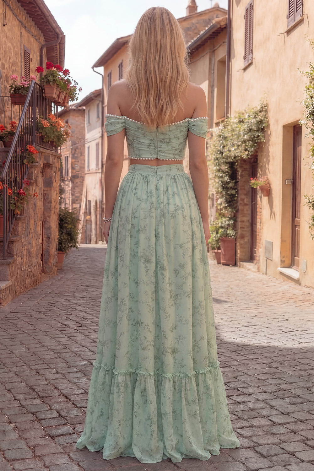 2 Piece Off the Shoulder Dusty Sage A Line Prom Dress with Pearls