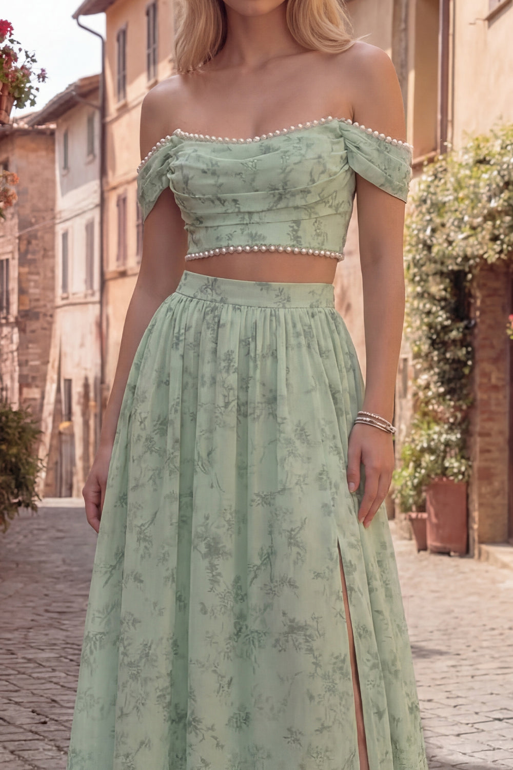 2 Piece Off the Shoulder Dusty Sage A Line Prom Dress with Pearls
