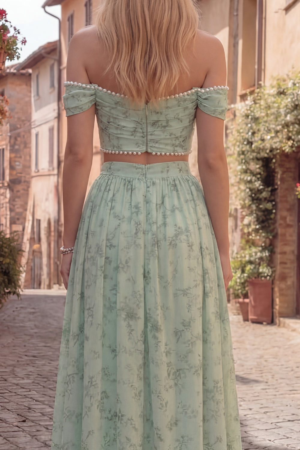 2 Piece Off the Shoulder Dusty Sage A Line Prom Dress with Pearls