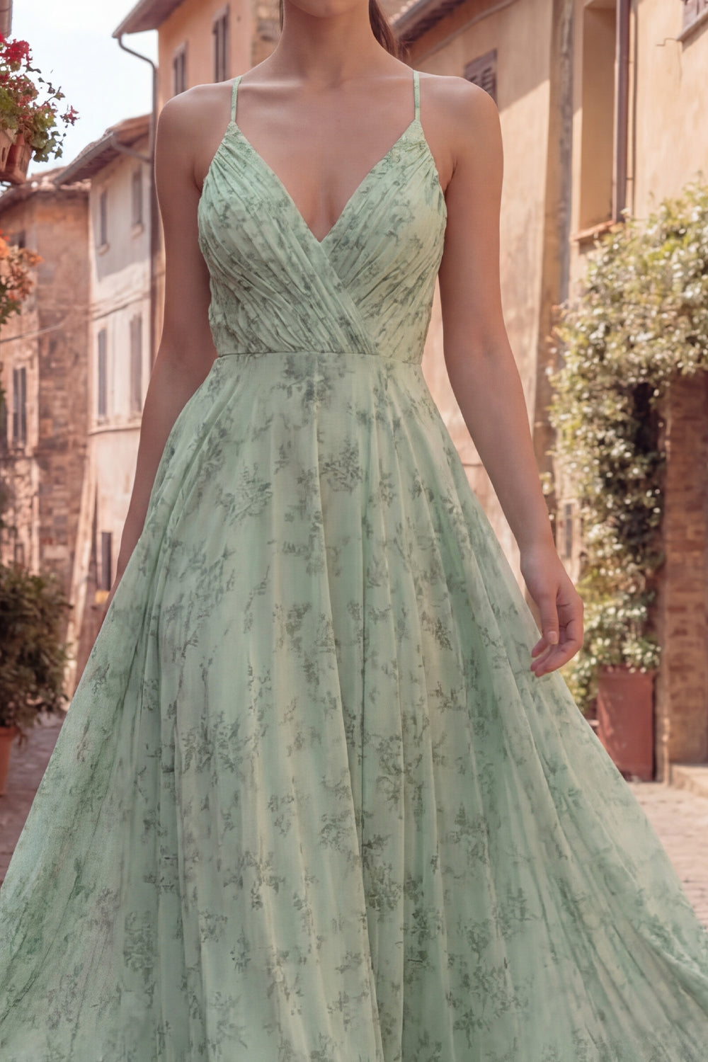 Dusty Sage Ruched A Line Maxi Prom Dress