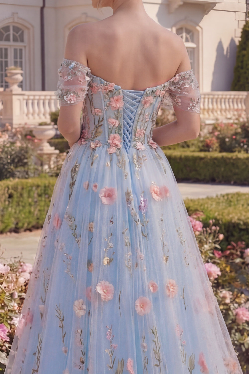 Blue Floral Off the Shoulder High Low Tulle Prom Dress