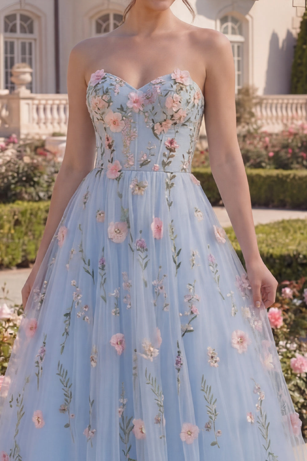 Strapless Floral Blue Corset A Line Tulle Prom Dress