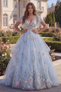 Floral Blue Appliqued Ball Gown Tulle Prom Dress