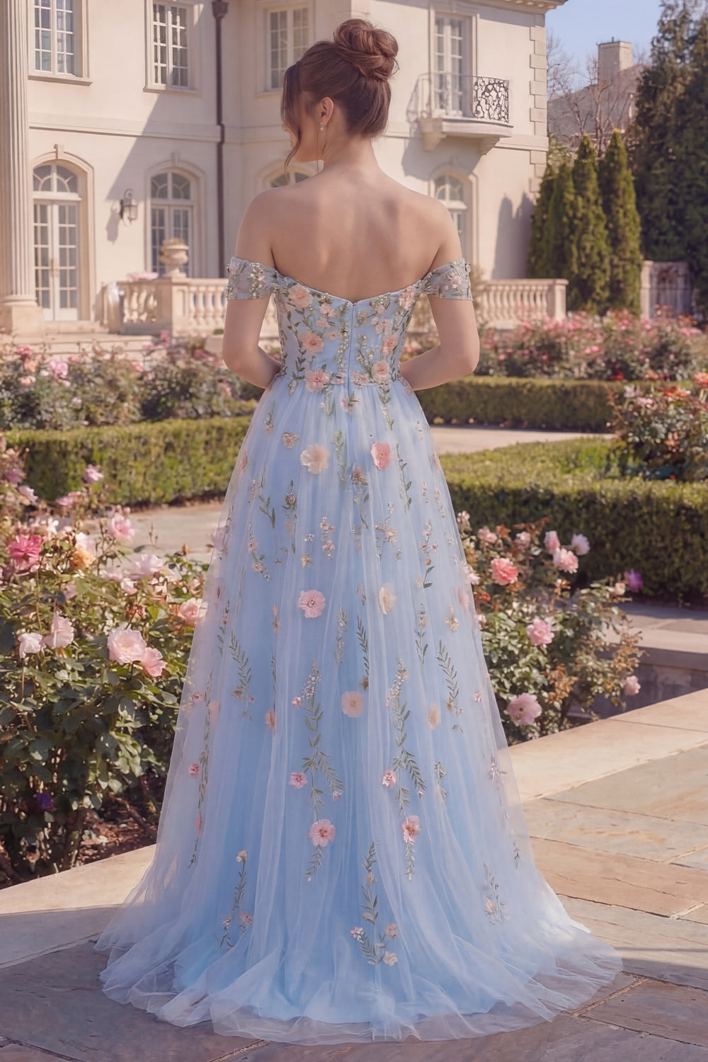 Off the Shoulder Floral Blue Corset High Low Prom Dress