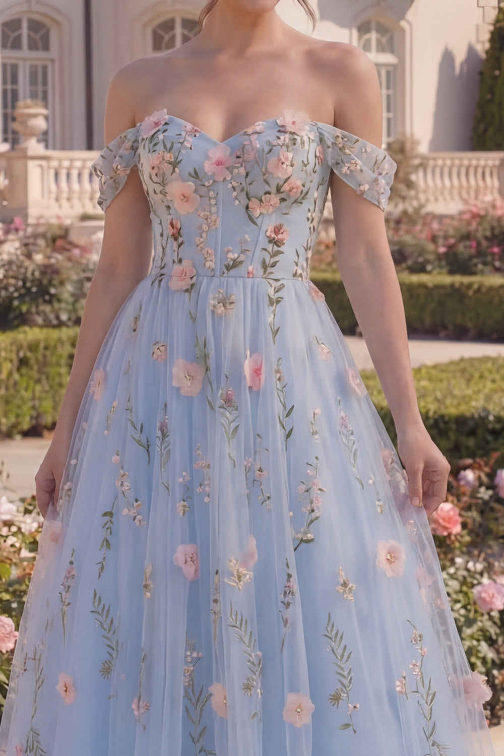Off the Shoulder Floral Blue Corset High Low Prom Dress