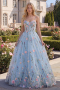 Floral Blue Corset A Line Appliqued Prom Dress
