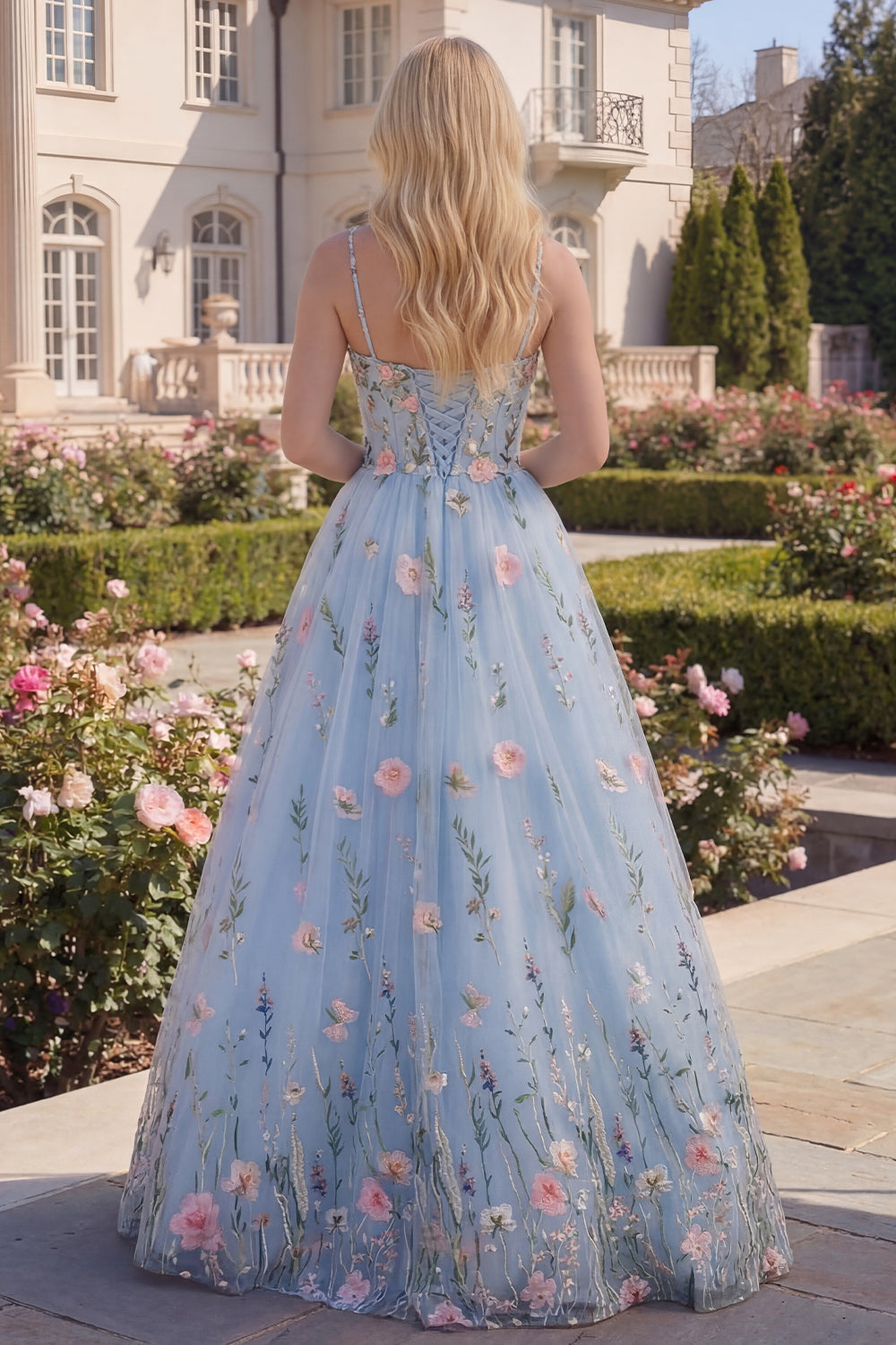 Floral Blue Corset A Line Appliqued Prom Dress