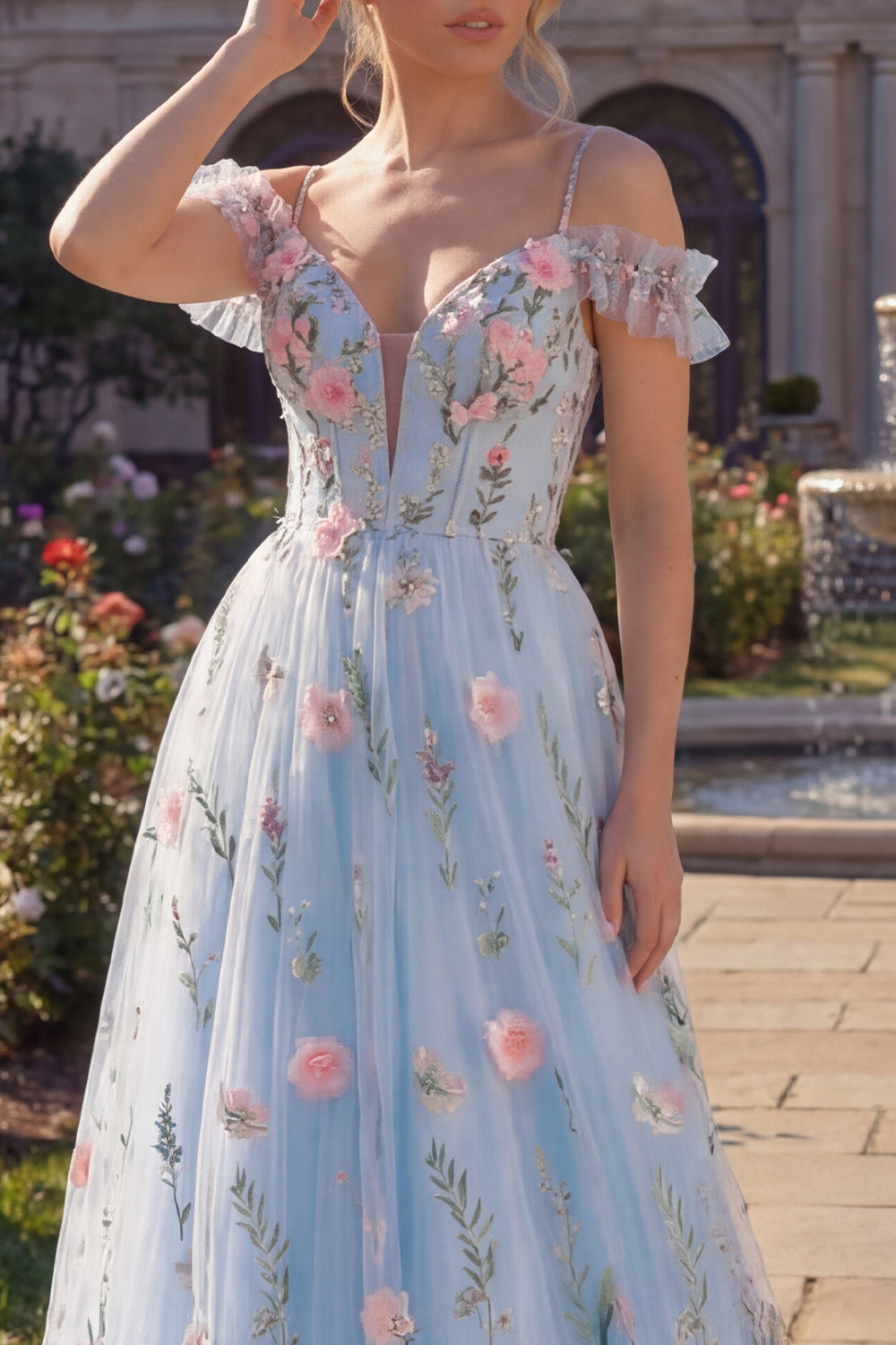 Cold Shoulder Floral Corset Blue A Line Prom Dress