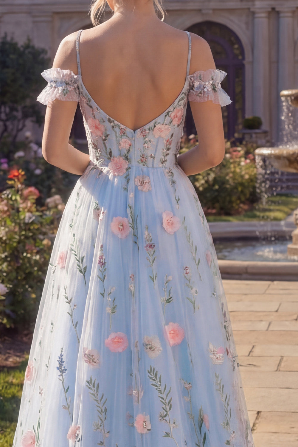 Cold Shoulder Floral Corset Blue A Line Prom Dress