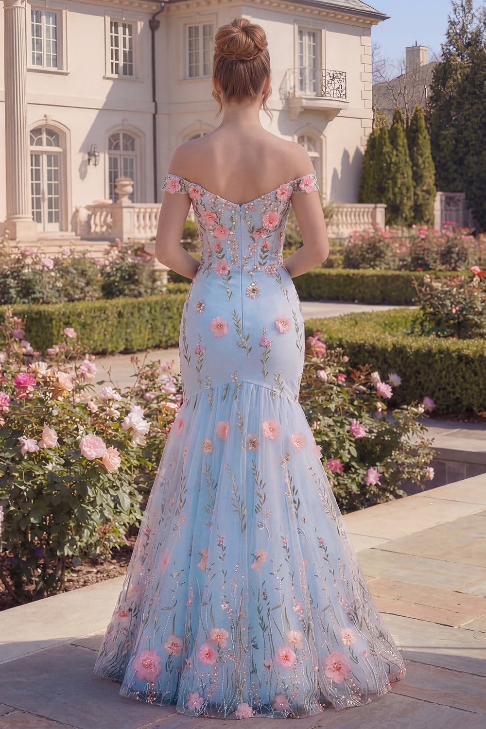 Mermaid Off the Shoulder Floral Corset Blue Prom Dress