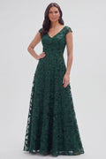 Dark Green Sequin A Line Cap Sleeve Maxi Mother of the Bride Dress