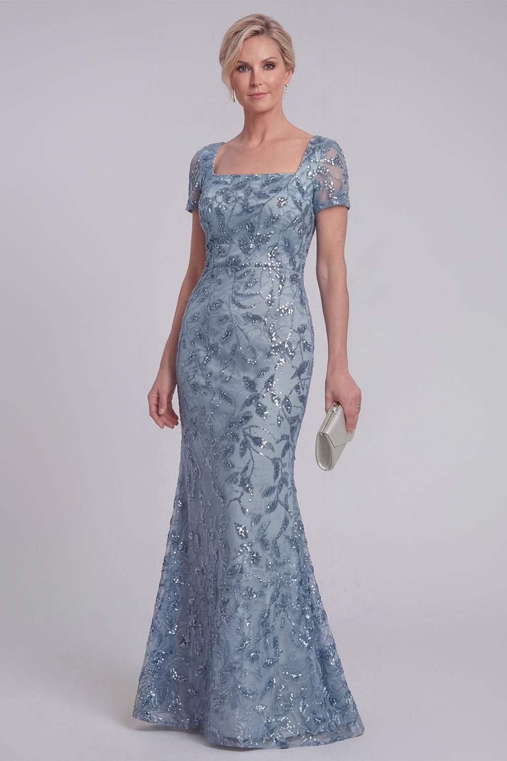 Mermaid Grey Blue Sequin Appliqued Mother of the Bride Dress