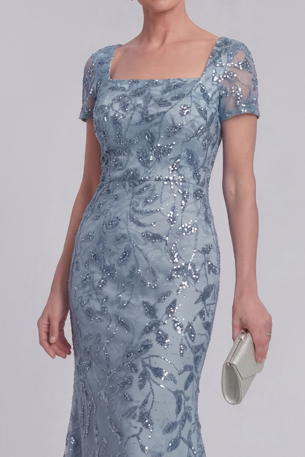 Mermaid Grey Blue Sequin Appliqued Mother of the Bride Dress