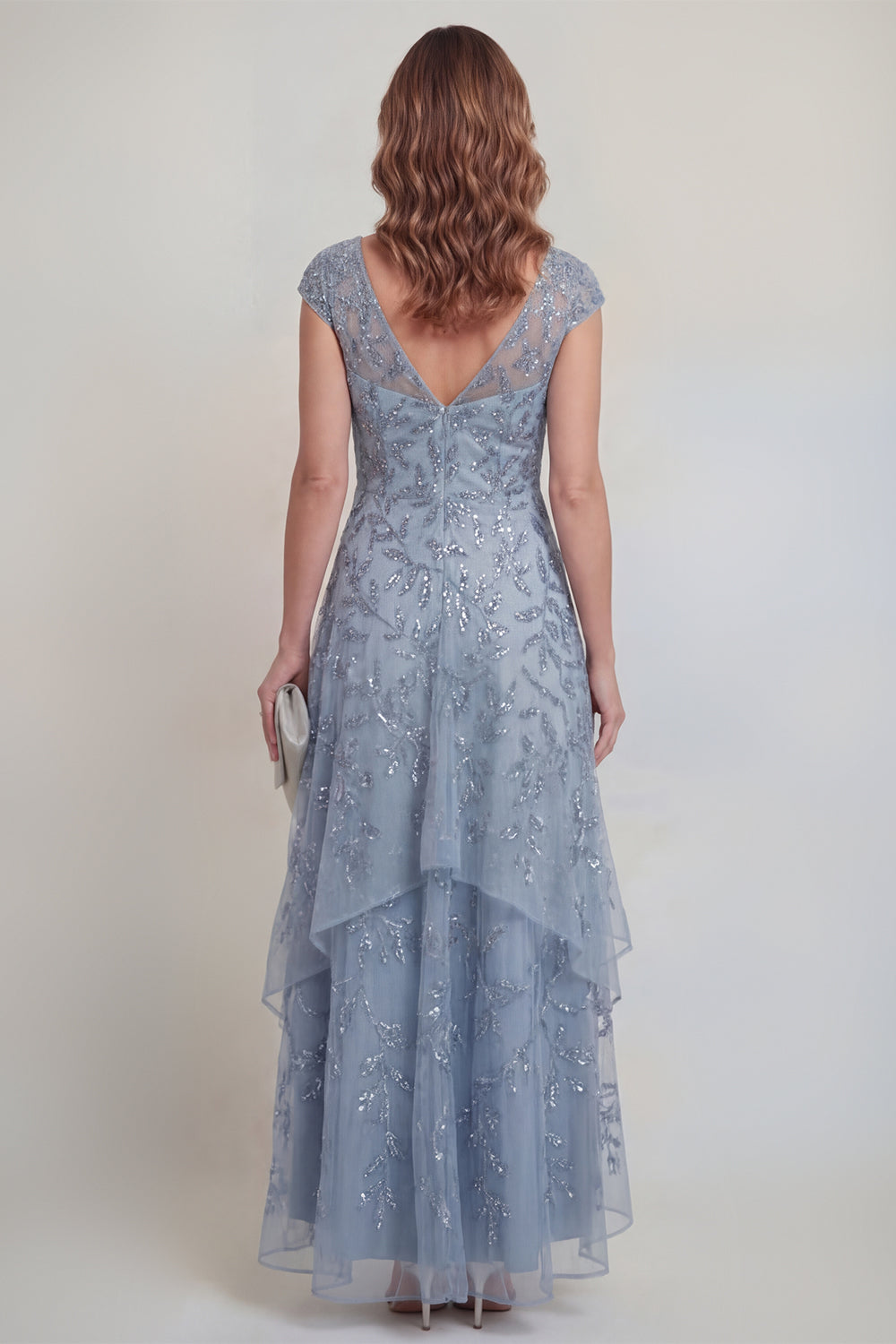 Sequin High Low Grey Blue Ruffled Mother of the Bride Dress