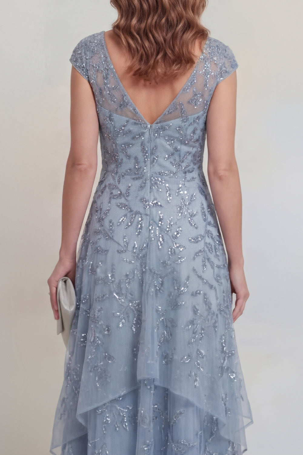 Sequin High Low Grey Blue Ruffled Mother of the Bride Dress
