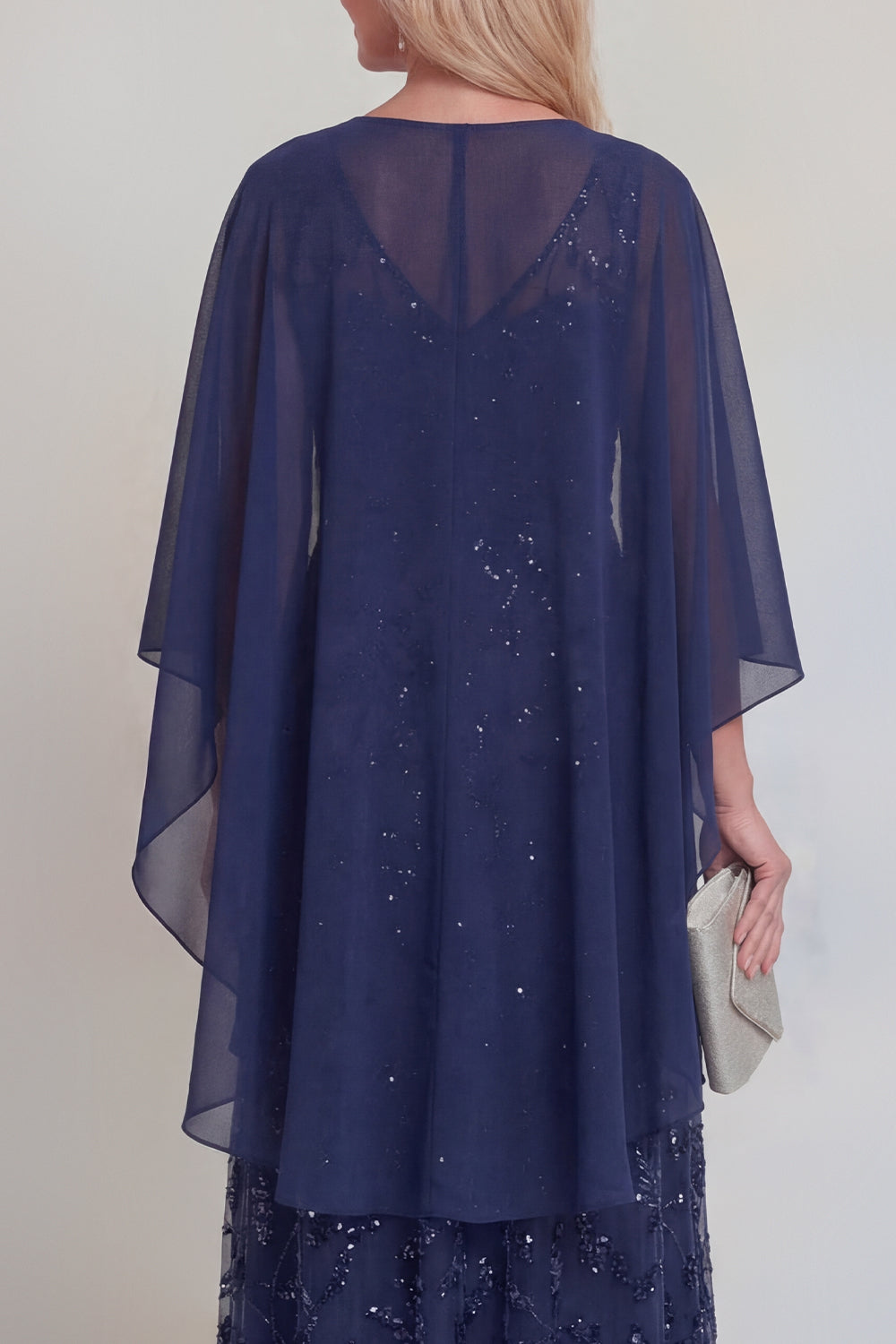 Sparkly Navy A Line V Neck Maxi Mother of the Bride Dress
