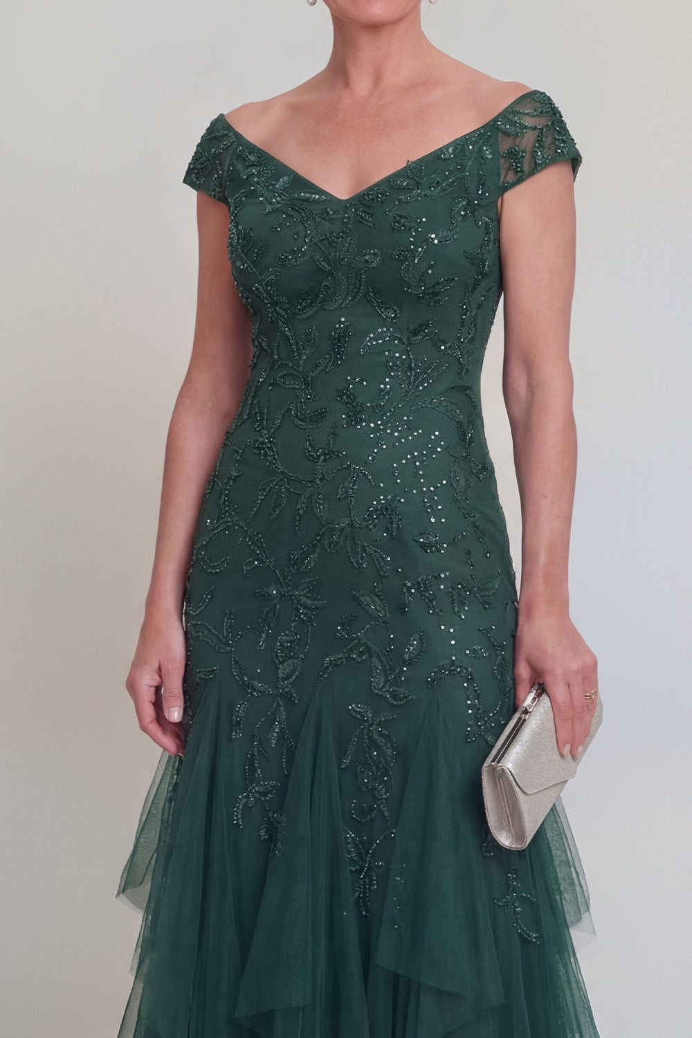 Appliqued Ruffled Dark Green A Line Maxi Mother of the Bride Dress