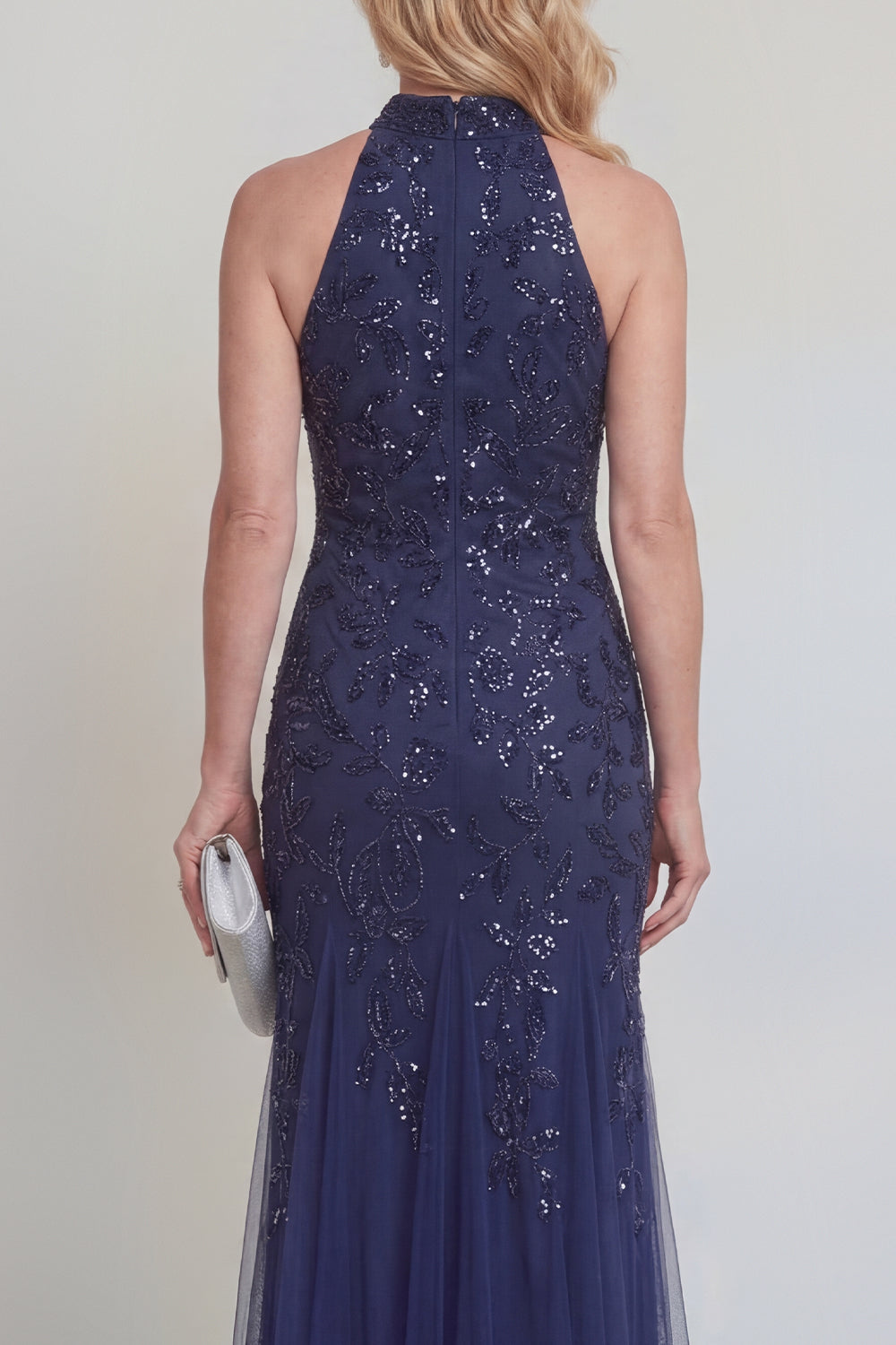 Halter Mermaid Sequin Appliqued Navy Mother of the Bride Dress