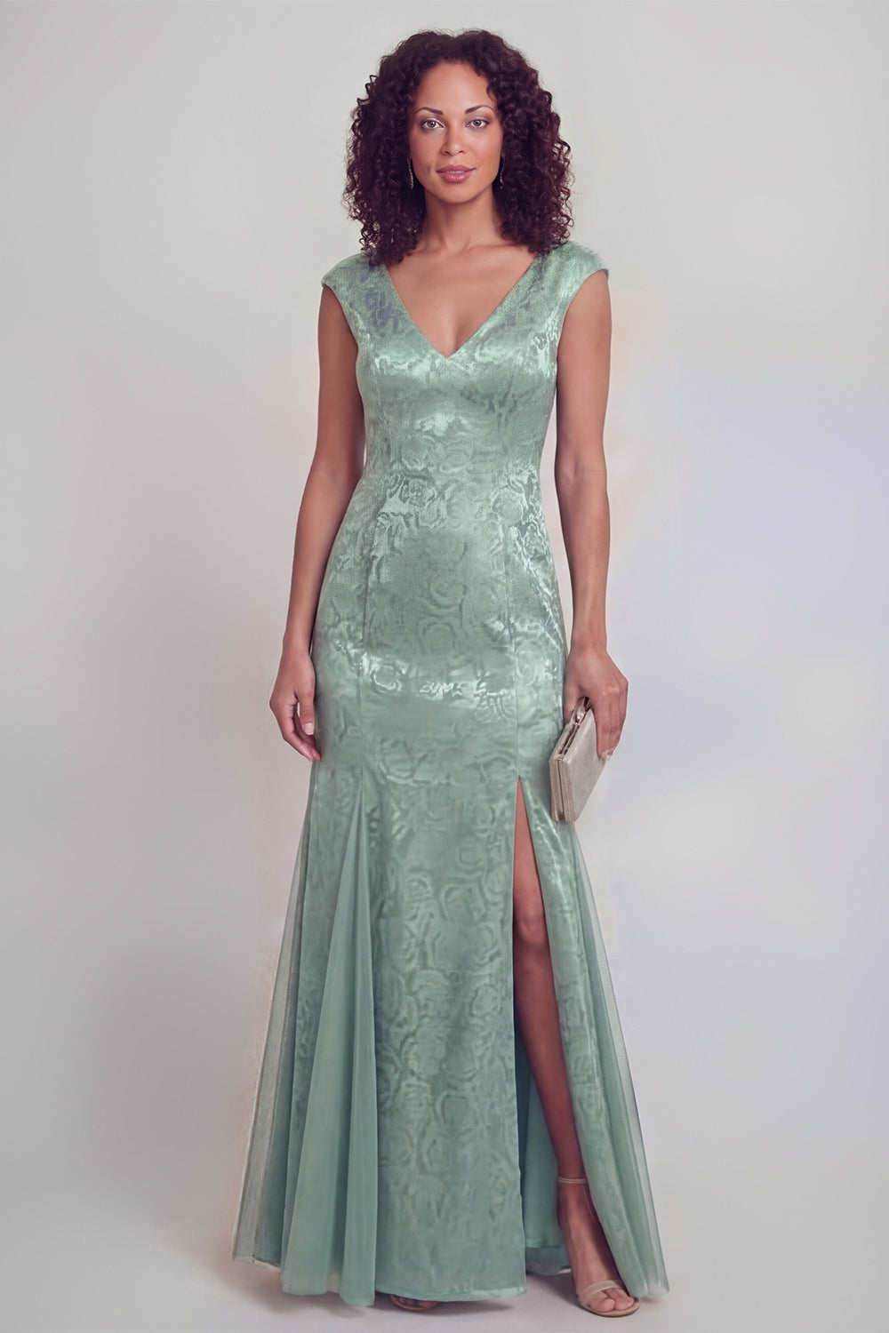Jacquard Mermaid Sage Green V Neck Maxi Mother of the Bride Dress