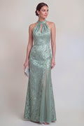 Halter Jacquard Mermaid Sage Green Cut Out Mother of the Bride Dress