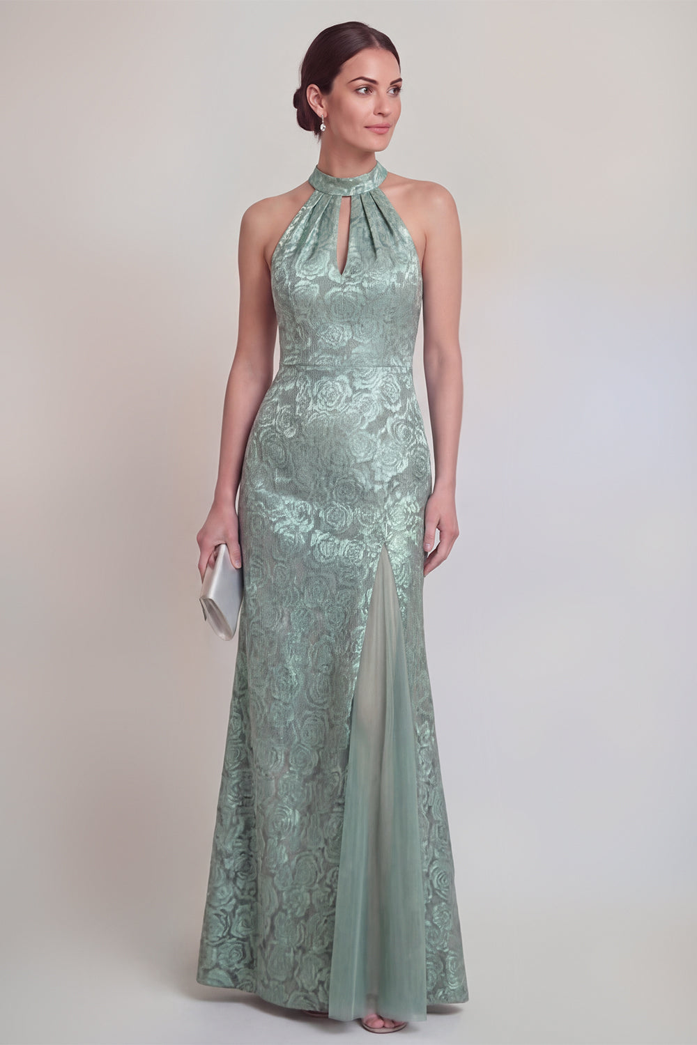 Halter Jacquard Mermaid Sage Green Cut Out Mother of the Bride Dress