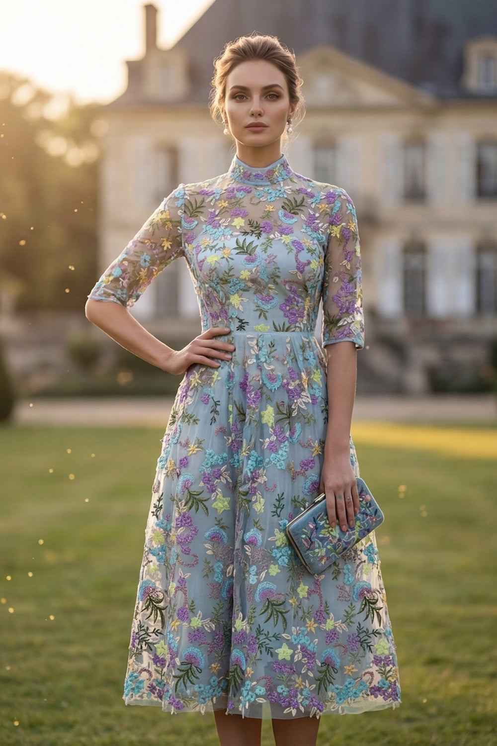 High Neck A Line Blue Floral Embroidered Mother of the Bride Dress