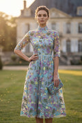 High Neck A Line Blue Floral Embroidered Mother of the Bride Dress