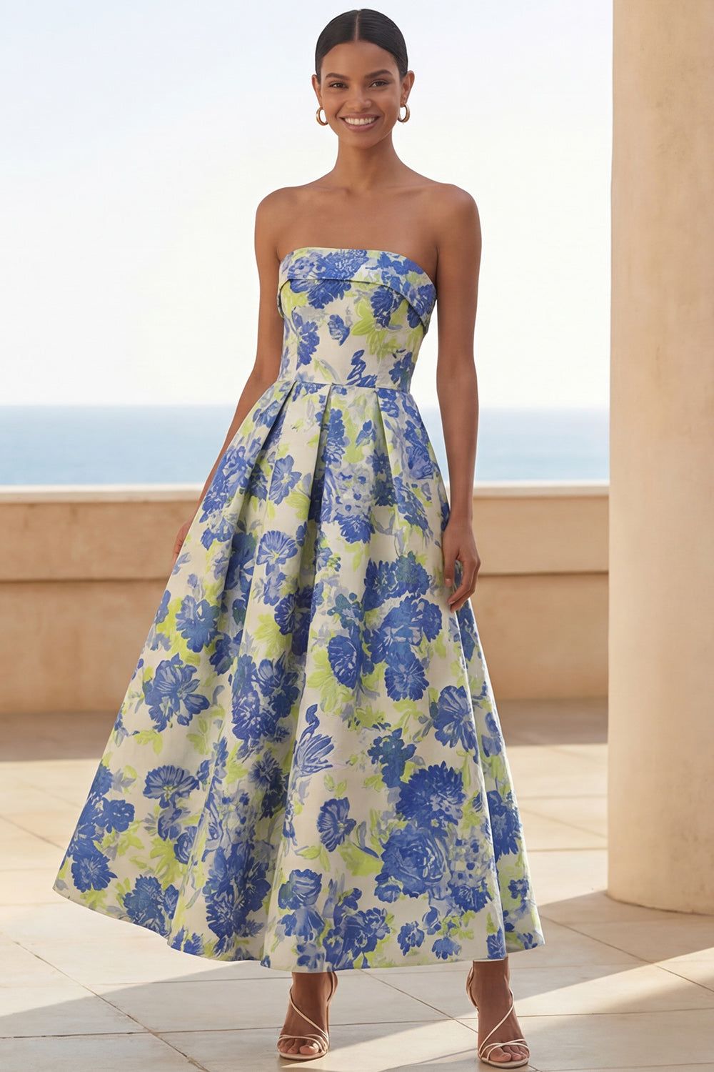 Floral Blue Strapless A Line Wedding Guest Dress