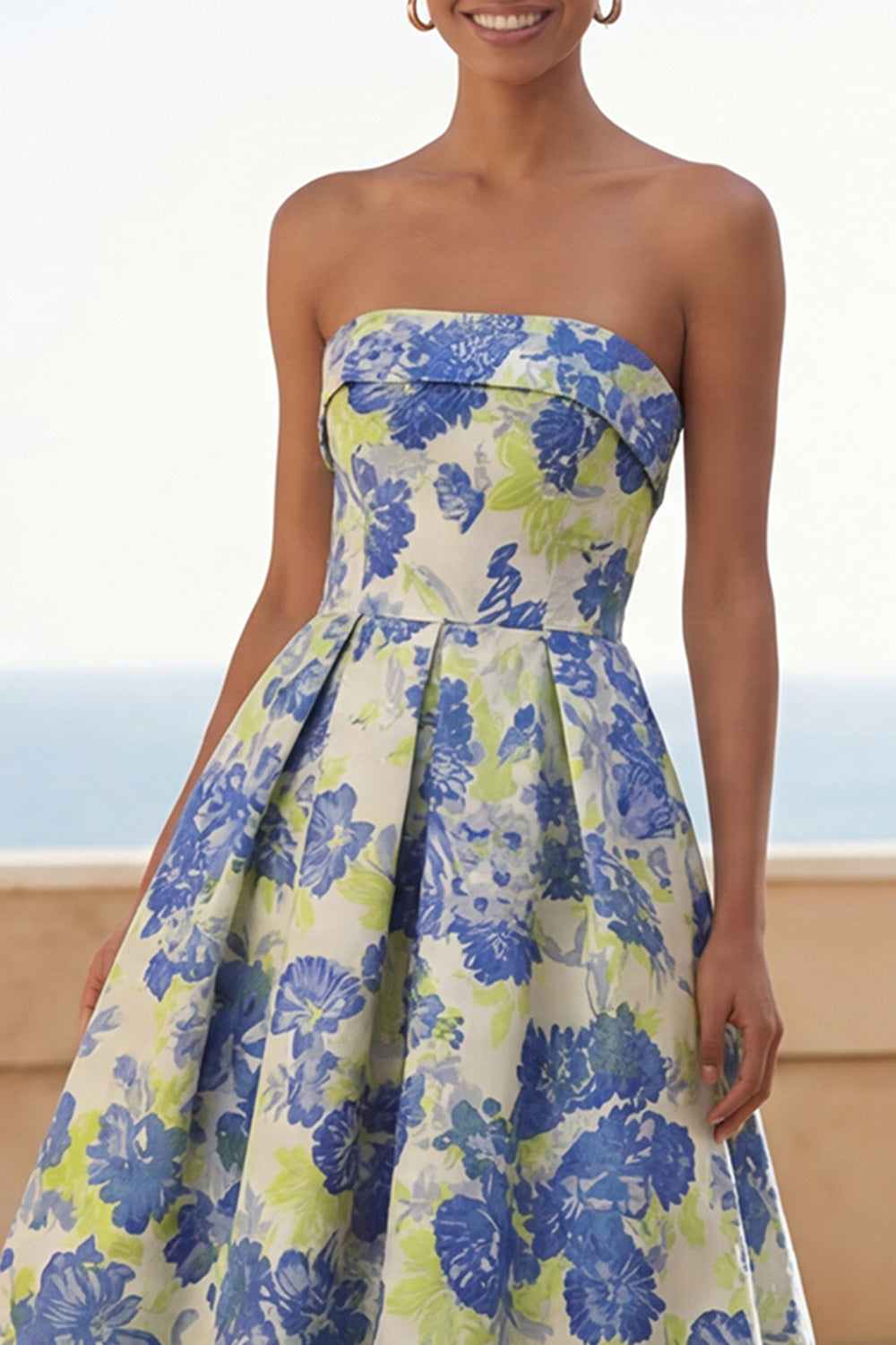 Floral Blue Strapless A Line Wedding Guest Dress