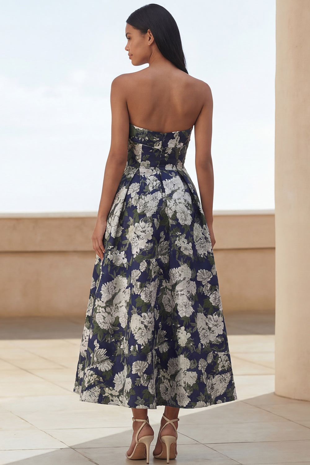 Floral Blue Strapless A Line Wedding Guest Dress