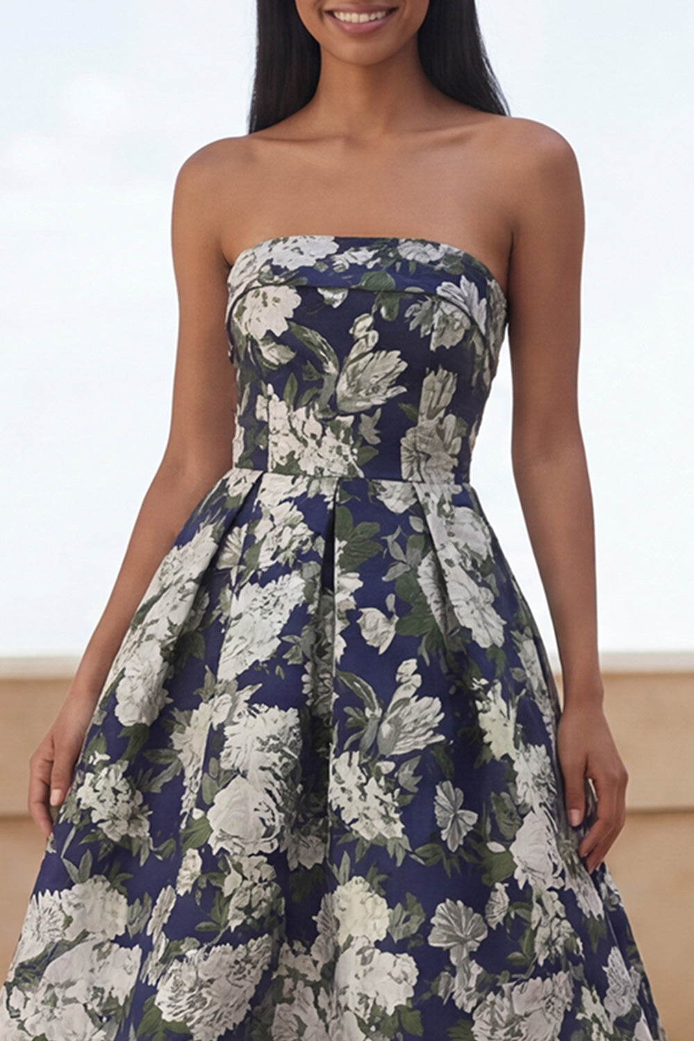 Floral Blue Strapless A Line Wedding Guest Dress