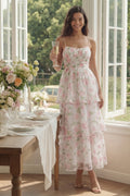 Tiered Corset White Pink Floral Wedding Guest Dress