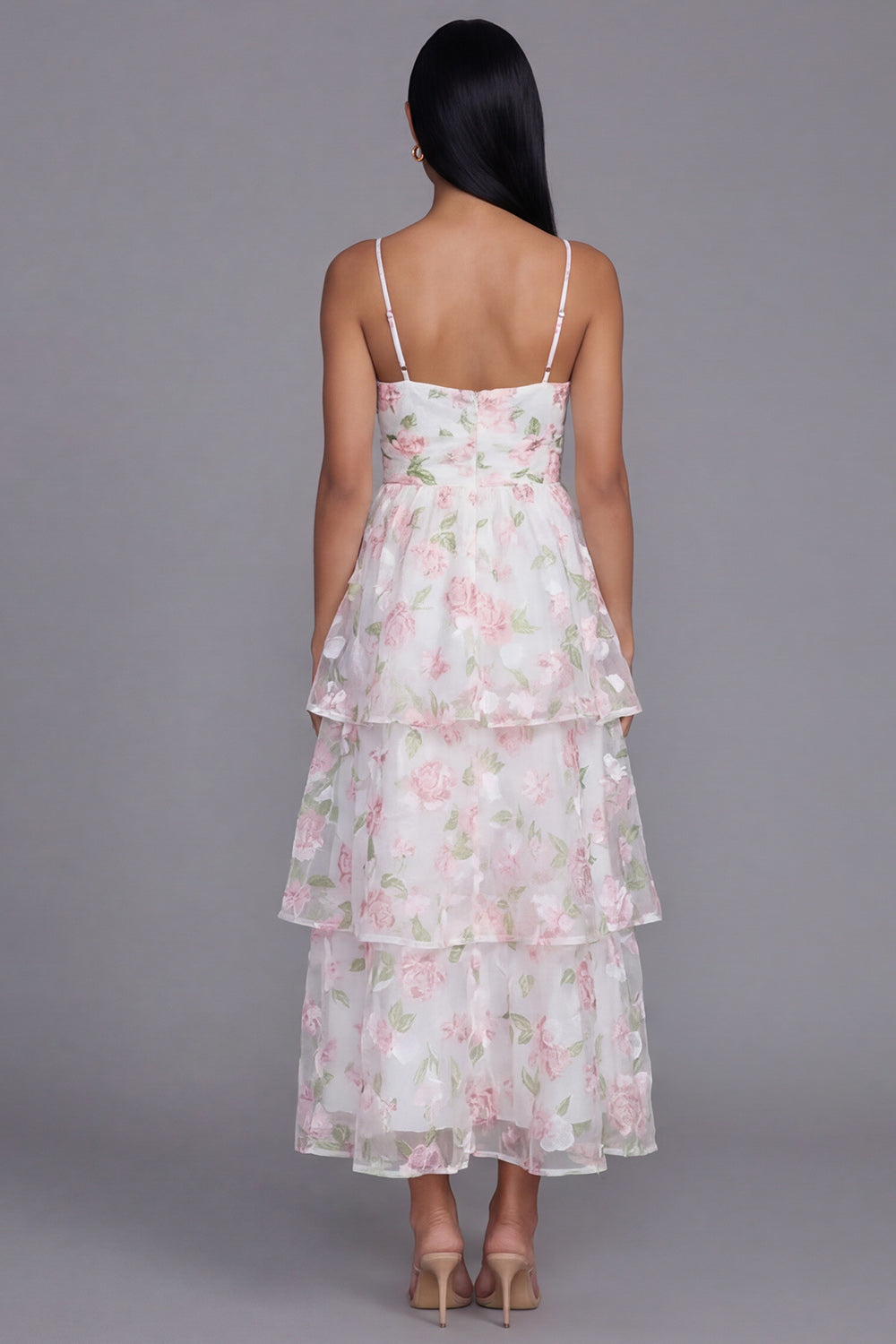 Tiered Corset White Pink Floral Wedding Guest Dress
