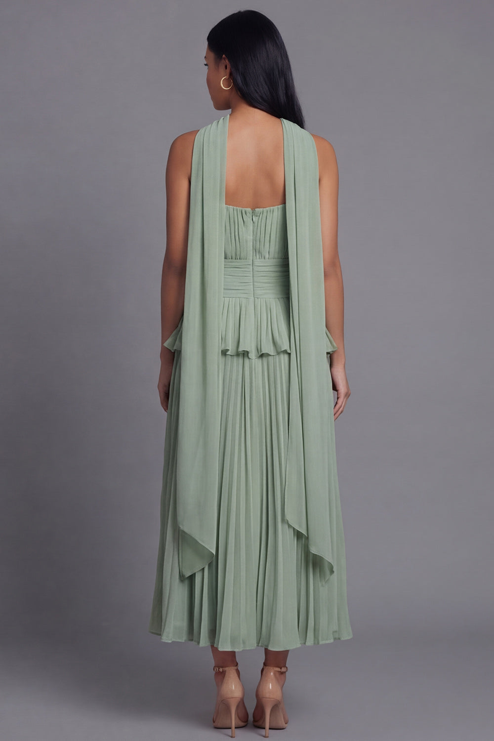 Strapless Ruffled A Line Pleated Dusty Sage Wedding Guest Dress