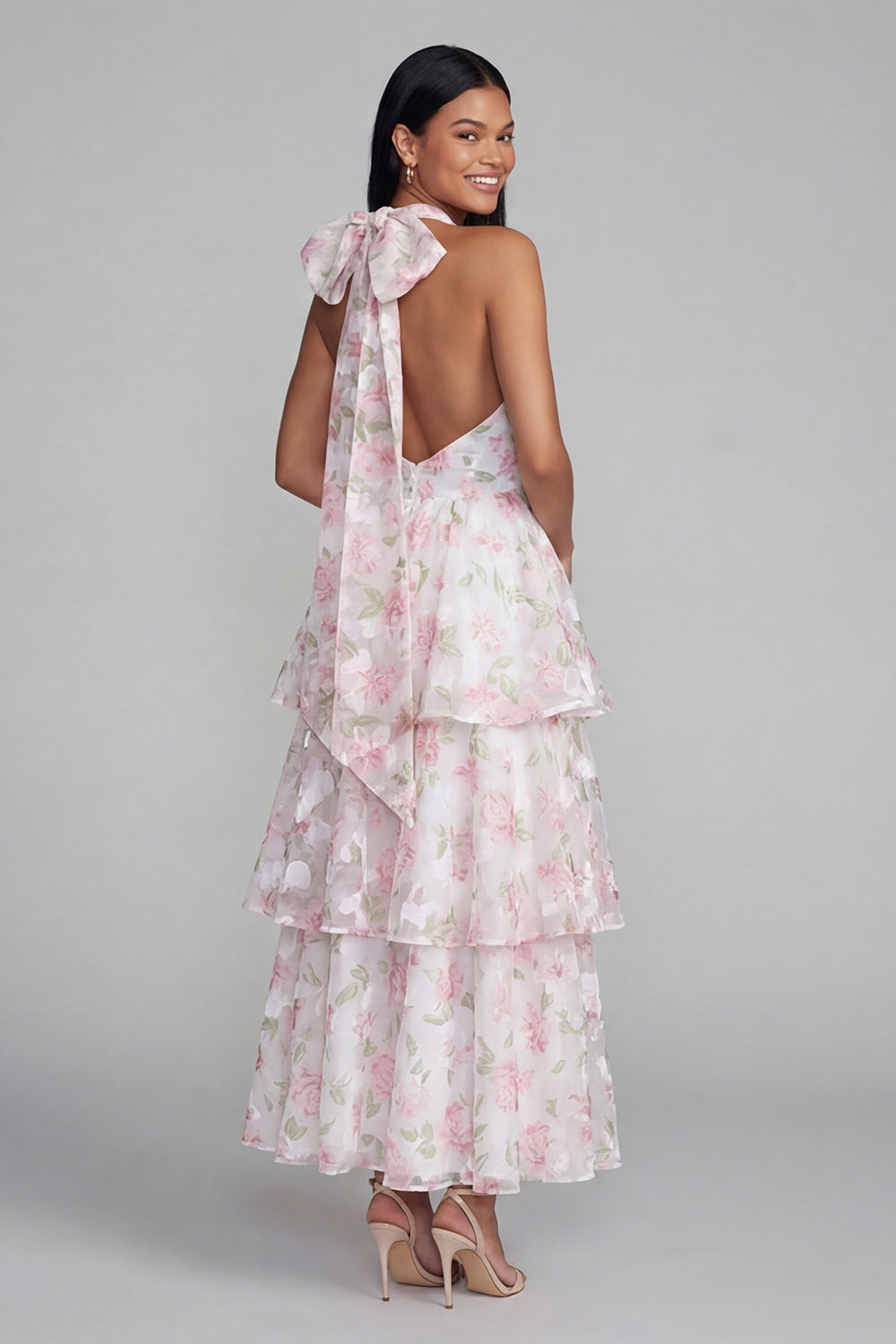 Tiered Halter Floral Blue Wedding Guest Dress with Bow