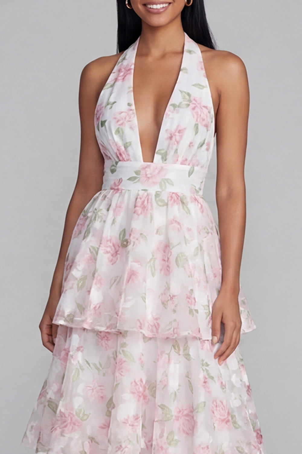 Tiered Halter Floral Blue Wedding Guest Dress with Bow