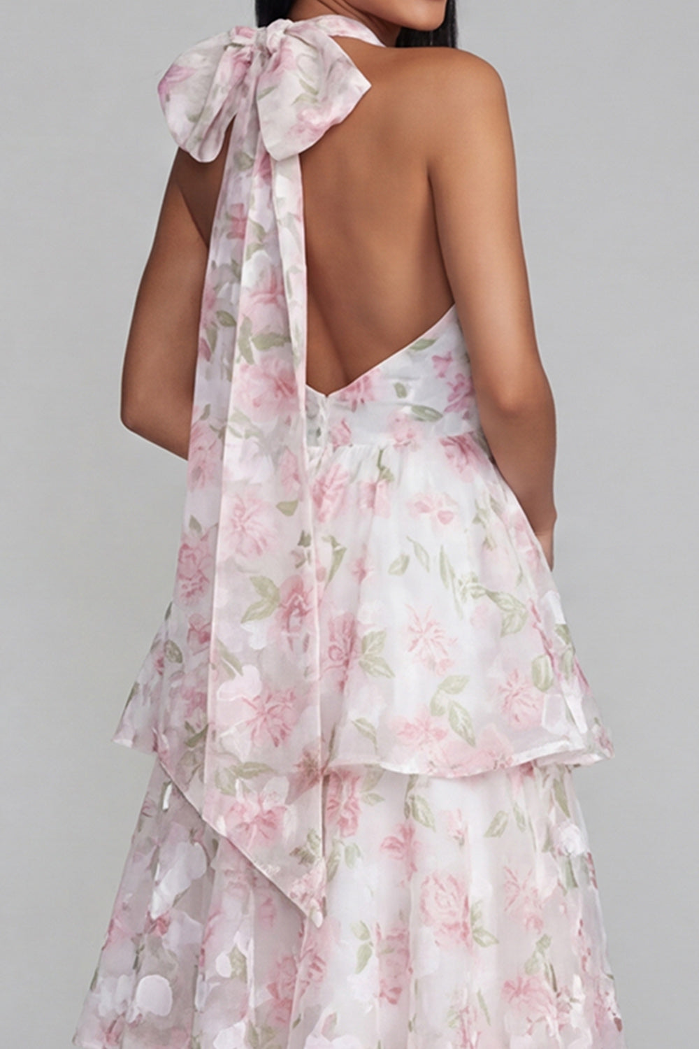 Tiered Halter Floral Blue Wedding Guest Dress with Bow