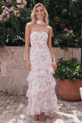 Floral Pink Strapless Wedding Guest Dress with Ruffles