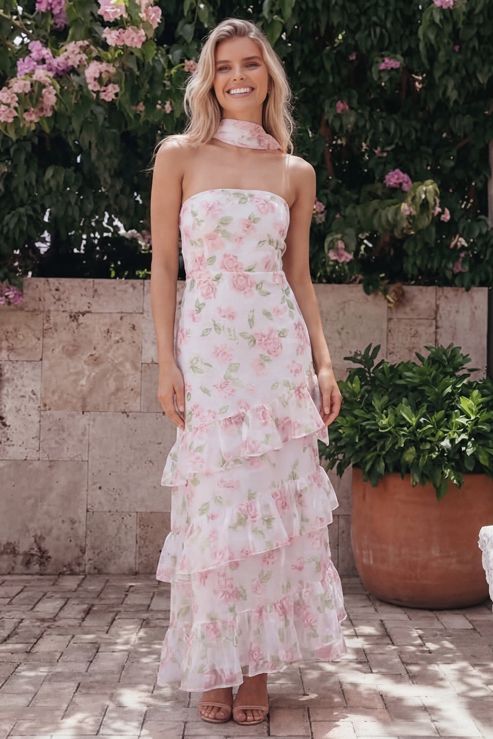 Floral Pink Strapless Wedding Guest Dress with Ruffles