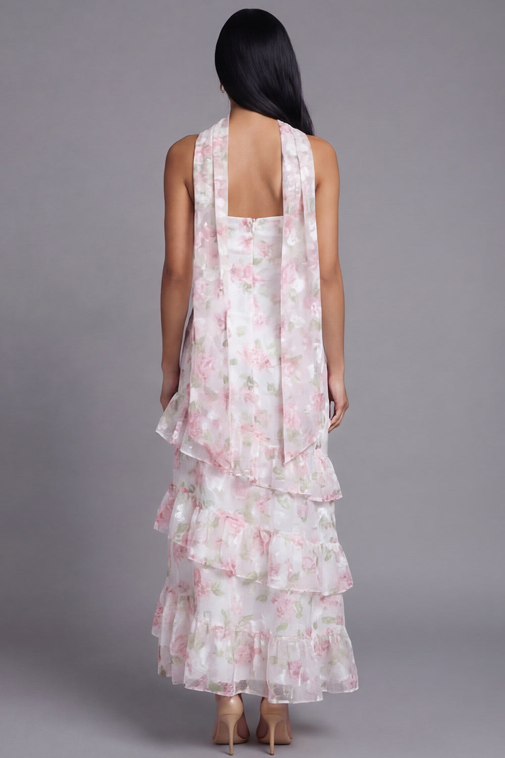 Floral Pink Strapless Wedding Guest Dress with Ruffles