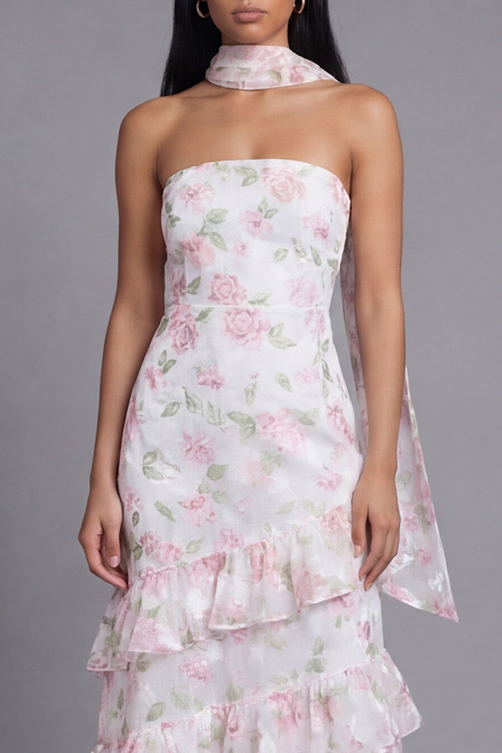 Floral Pink Strapless Wedding Guest Dress with Ruffles
