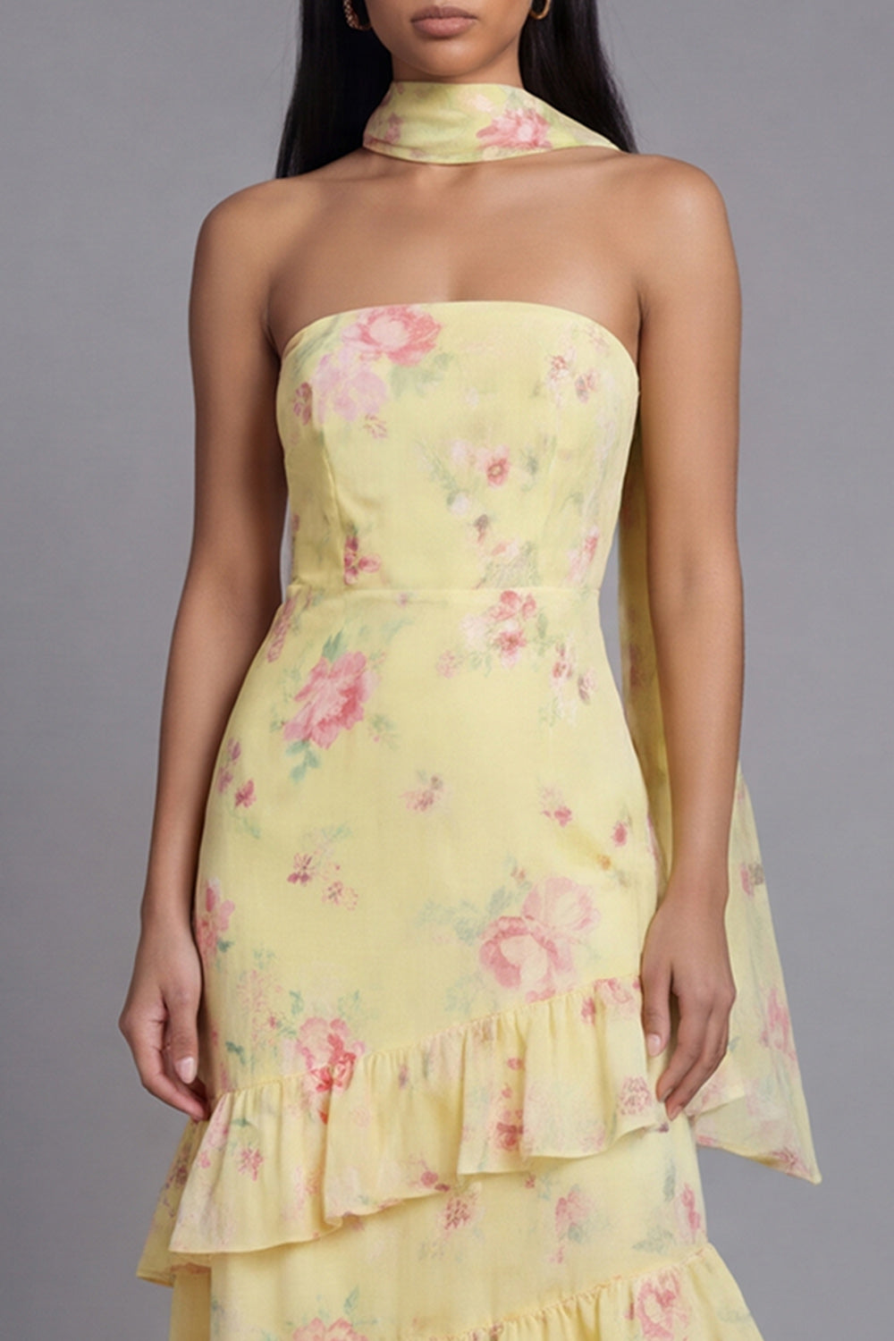 Floral Pink Strapless Wedding Guest Dress with Ruffles