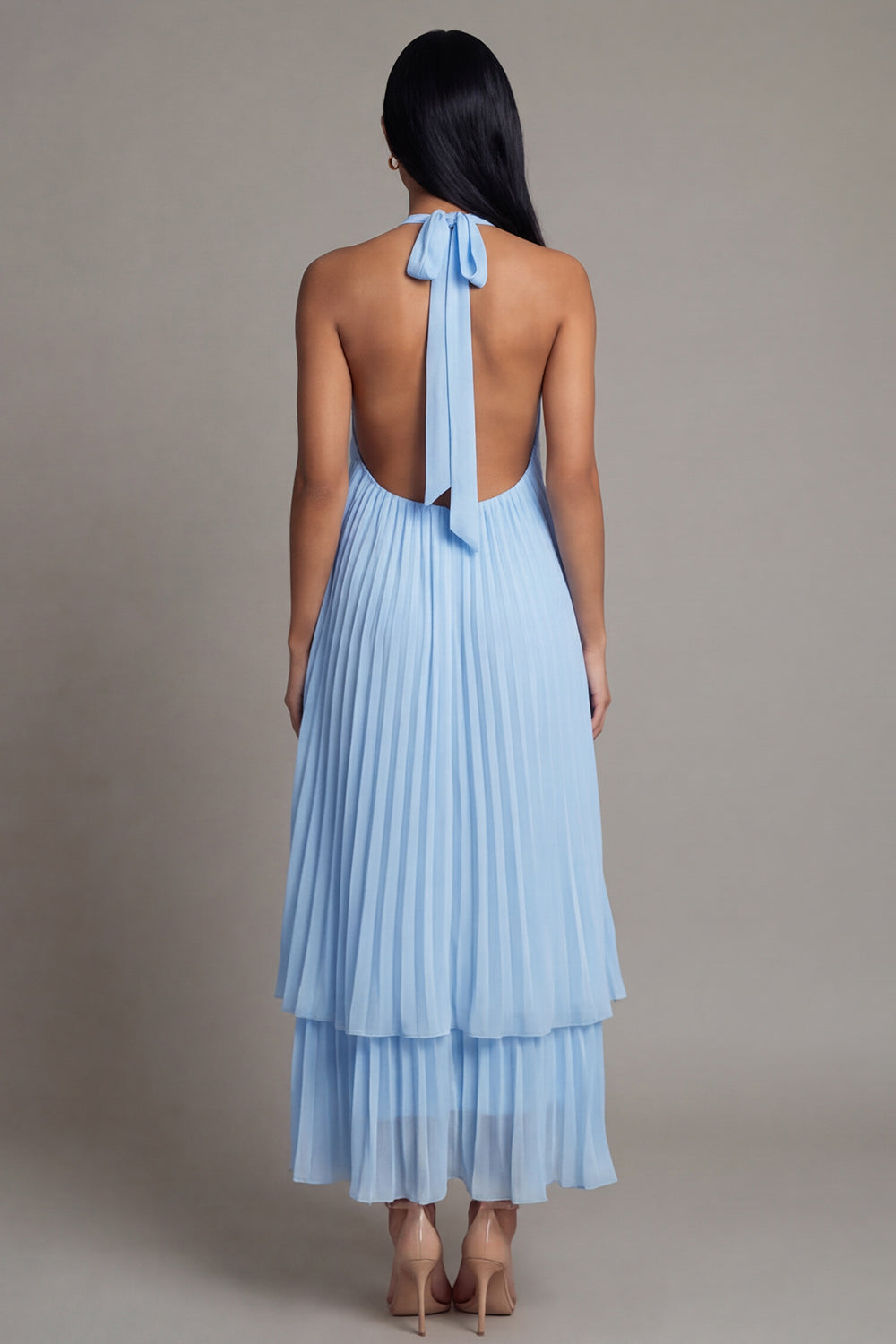 Halter Pleated Sky Blue A Line Backless Wedding Guest Dress