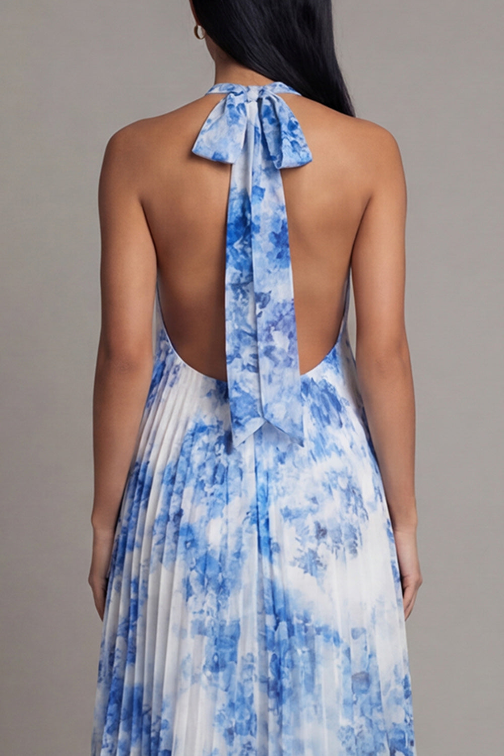 Halter Pleated Sky Blue A Line Backless Wedding Guest Dress