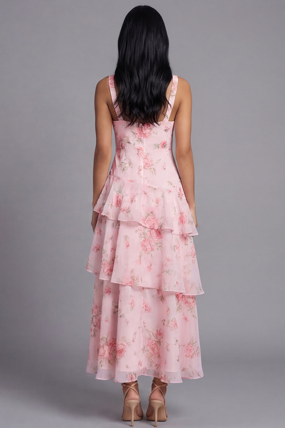 Tiered A Line Floral Pink V Neck Wedding Guest Dress